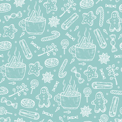 New Year and Christmas seamless pattern. Hand Drawn Doodle Mulled wine with spices and Christmas gingerbread cookies. Warm wine. Holiday wallpaper. Vector Xmas background.