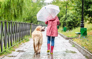Little girl walking dog under rain