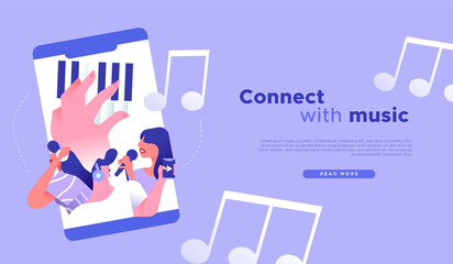 Connect with music app in phone web concept