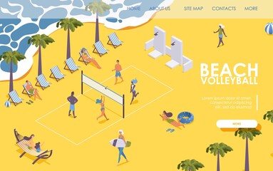 Isometric landing page beach volleyball with players and spectators on sunbeds, near the sea.