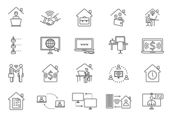 Large set of black and white online worker icons showing workers using digital devices and computers, business and financial, line drawn vector illustrations