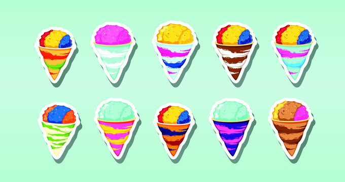 Set of snow cones (shaved ice) with different flavors. Vector illustration.