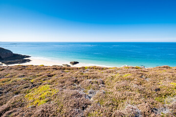 Landscape of the Brittany coast in the Cape Frehel region with its beaches, rocks and cliffs in summer.