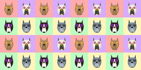Dog seamless pattern, Pitbull on colourful background, Dog icons. 