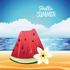hello summer seasonal scene with watermelon and flower