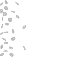 American dollar coins falling. Scattered black and
