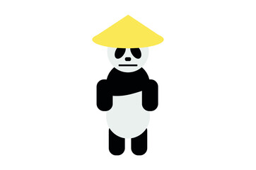 Simple vector illustration of standing panda wearing the Asian bamboo hat.