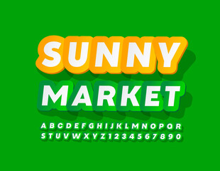 Vector decorative logo Sunny Market. Sticker style Font. Green and White Alphabet Letters and Numbers