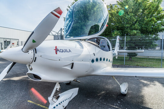 View From The Front Of The Aquila A 210, A German Light Aircraft With Transparent Cabin For One Pilot And One Passenger, Braunschweig Airport, May 24., 2018