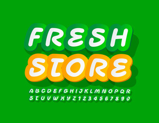 Vector stylish sign Fresh Store. Decorative sticker Font. Creative Alphabet Letters and Numbers