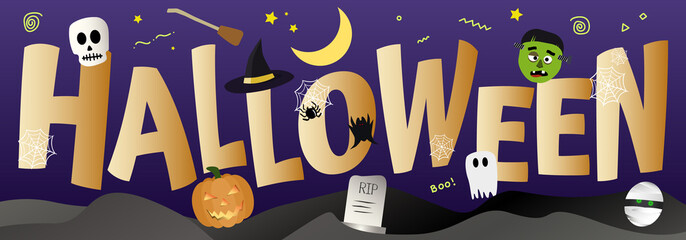 Halloween purple vector banner background with spooky characters  