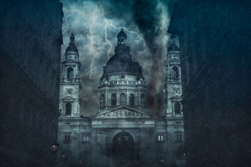 Catholic basilica being destroyed by the hurricane during the storm. Digital illustration