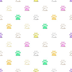 Dog seamless pattern, Colorful dog footprints on white background, Dog icons. 