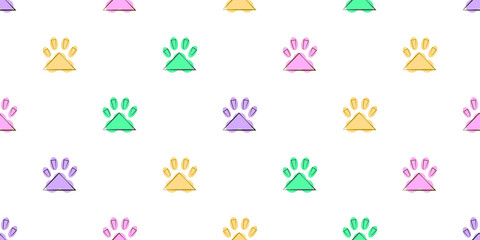 Dog seamless pattern, Colorful dog footprints on white background, Dog icons. 