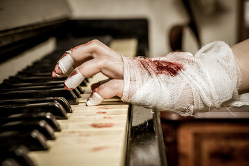 Bloody hands in bandages play the piano
