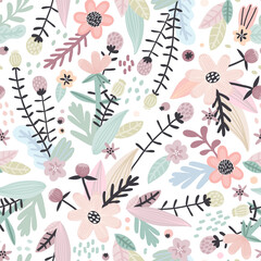 Cute seamless pattern with flowers. Perfect for kids fabric, textile, nursery wallpaper. Vector Illustration.