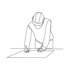 Continuous line drawing of architect wearing safety helmet and uniform drawing on blueprint to palnning bulding construction. Vector illustration