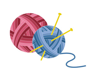 Balls of yarn with knitting needles. Blue and red skeins of wool. Vector flat illustration isolated on white background