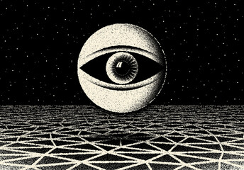 Retro dotwork landscape with 60s or 80s styled alien robotic space eye over the desert planet on the background with old sci-fi style - obrazy, fototapety, plakaty