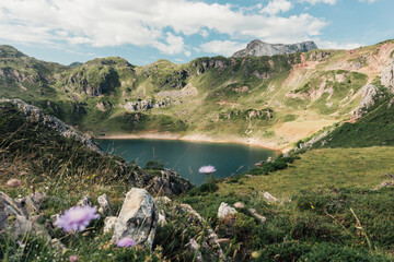 View of the Cueva glacial lake in the Somiedo national park, Asturias, Spain. Lakes of Saliencia.
