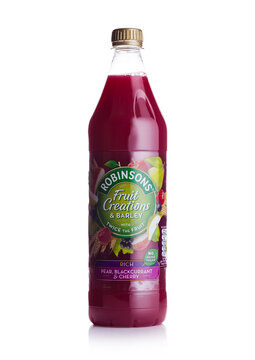 LONDON, UK - FEBRUARY 02, 2018: Bottle of Robinsons Fruit Juice with berries flavor on white.
