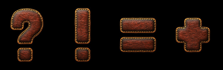 Set of symbols question mark, exclamation mark, equals, plus made of leather. 3D render font with skin texture isolated on black background.