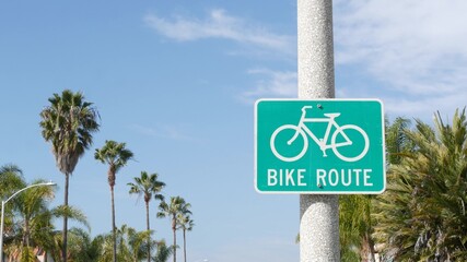 Bike Route green road sign in California, USA. Bicycle lane singpost. Bikeway in Oceanside pacific...