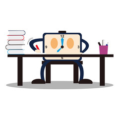 Cartoon character clock. Vector illustration. Time is money. time management. Image with a white background. Flat illustrations for banners, print and website. Mascot company. Take the time to study. 