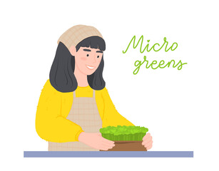 Happy girl with a microgreens boxes. Farming superfood at home. Woman with a watering can. Micro greens lettering. Vector cartoon illustration in flat style isolated on a white background.