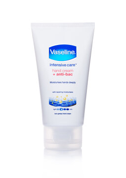 LONDON, UK - FEBRUARY 14, 2018: White Container Of Vaseline Intensive Care Hand Cream On White.