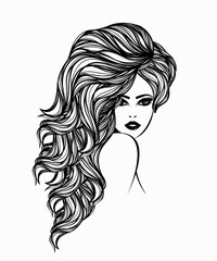 Hair salon and beauty studio illustration.Beautiful woman portrait with elegant long, wavy hairstyle and bold makeup.Cosmetics and spa logo.Young lady face.