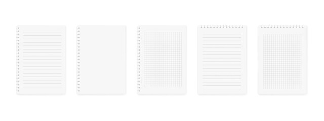 Notepads with empty lined and checkered paper. Set of notebooks sheets. Vector illustration