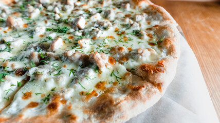 Appetizing pizza on a wooden table surrounded by herbs and spices. The concept of delicious food, restaurants and cafes