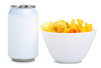 Bowl with chips with can of beer on white background isolation
