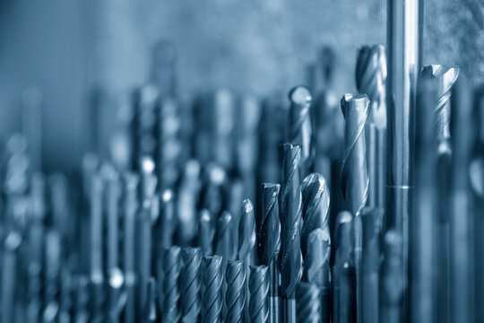 Close-up scene of the used solid  endmill tools for CNC milling machine .The  cutting  tool for machining center.