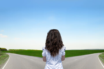 A business woman thinking which way to choose.The concept of the solution: the path to success and...