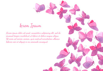 Rectangular template with watercolor pink flying butterflies. Hand drawn flock of fairy butterflies isolated on white background with space for text. Summer frame for banner, poster, card, invitation