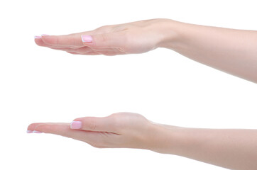 Female hands sign holding empty on white background isolation