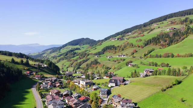 Flying Above A beautiful Alps Valley At Santa Maddalena during Fall Season, 4k aerial footage