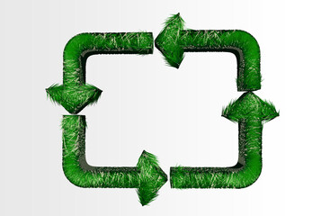 Recycle icon logo made of arrows from green grass and asphalt texture isolated on white background. 3d render ecological concept of cycles of nature.