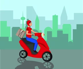 Foto op Plexiglas Online delivery service concept. Vector. Moped with a courier. Fast courier. Fast delivery. Can be used for restaurant food service, postal service, goods delivery service. © Valeriia
