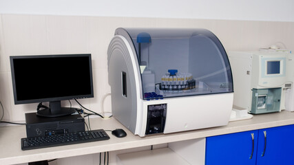 Laboratory equipment: compyer, fully-automated diagnostic chemistry system for immunological tests, particle counter.