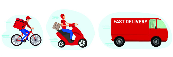 Fast courier. Fast delivery. Vector. Delivery service. Courier delivers goods and food to consumers on a car, a motorcycle and a bicycle. Can be used for mail delivery service, goods delivery service.