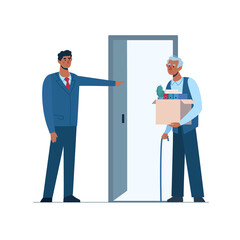 Retirement. Fired old man leaves the office with a box in his hands. Boss leaves elderly person without work. Dismissed employee, unemployment. Job loss, Africans, African Americans. Vector