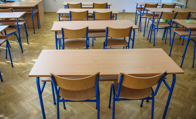 Empty chairs and tables in the school classroom