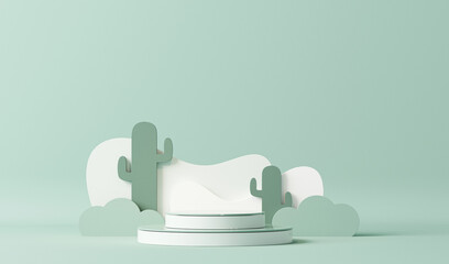 Minimal scene with podium, stand, platform and abstract background. Pastel blue and white colors scene. Trendy 3d render for social media banners, promotion, product. Natural trendy plants - cactus  © Tiviland
