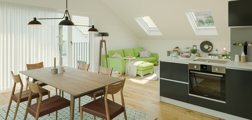 view inside modern luxury attic loft apartment with kitchen and sofa - 3d rendering