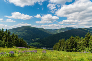 Fototapeta na wymiar Jeseniky mountains with Kouty nad Desnou village bellow in Czech republic