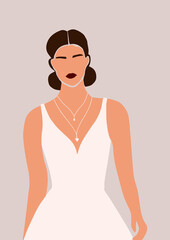 Fototapeta premium Abstract portrait of bride in wedding dress card isolated on light background. Fashion minimal trendy woman in cartoon flat style. Trendy poster wall print decor vector illustration