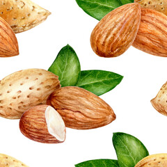 Hand drawn watercolor almond seamless pattern isolated on on white background.